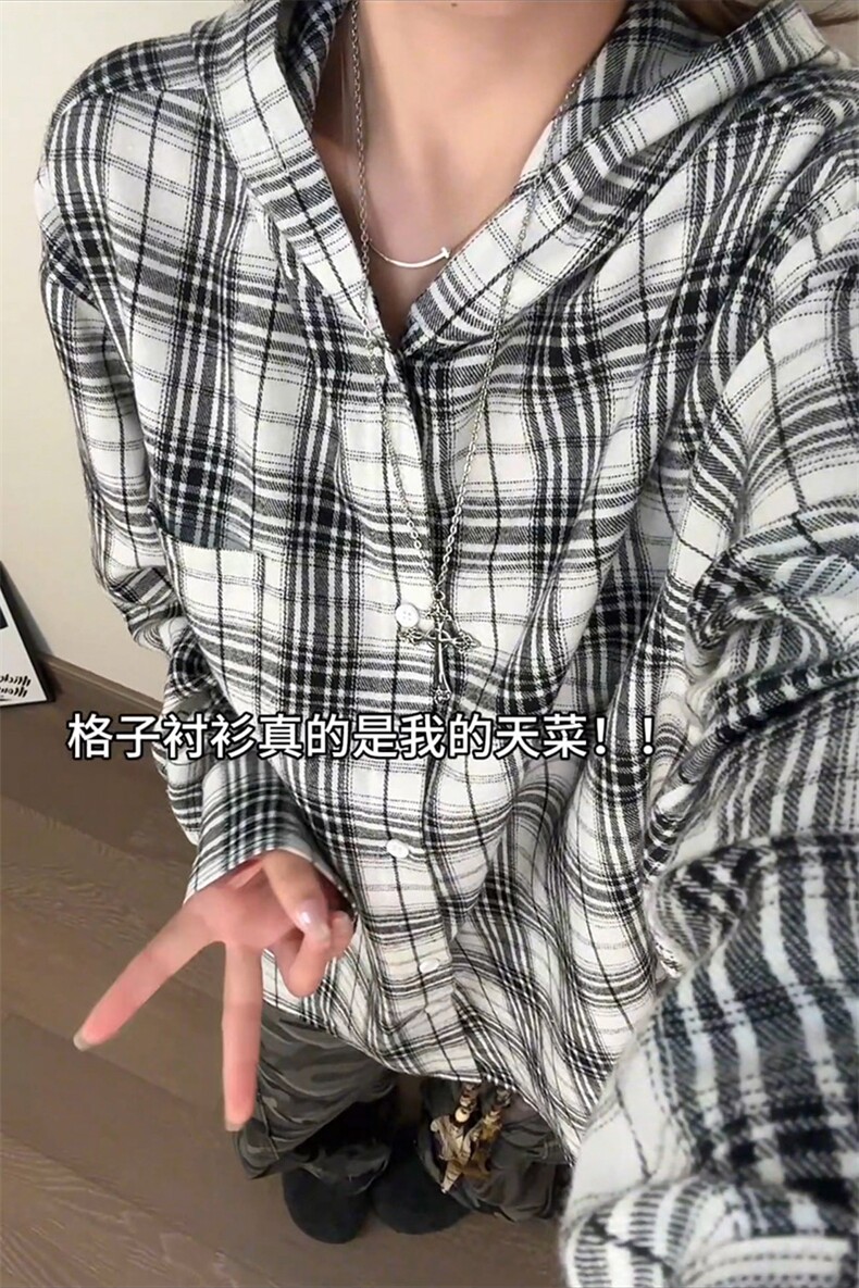 2026春季连帽格子衬衫美式复古撞色衬衣外套女C64148-TP3568,男装衬衫,电商A102
