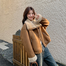 韩版时尚机车风皮毛一体外套女2025冬季新款显瘦加厚加绒棉服棉袄，女装短外套，纯色衣恋