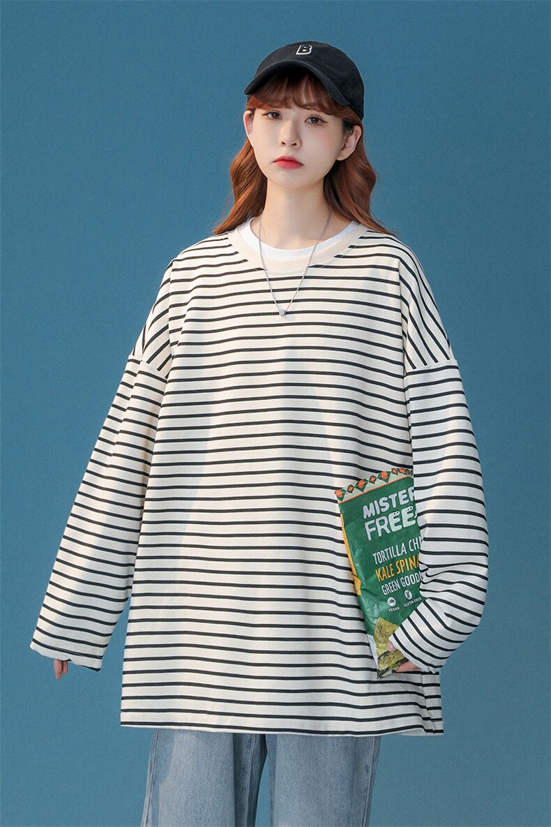 1中性风抖音直播运动情侣大码嘻哈条纹长袖T恤CT7809P45控68,男装T恤,星座226-2