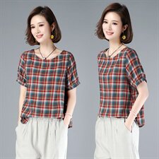 涵誉2021时尚大码宽松格子纯棉T恤女圆领短袖上衣潮流个性，女装T恤，涵誉