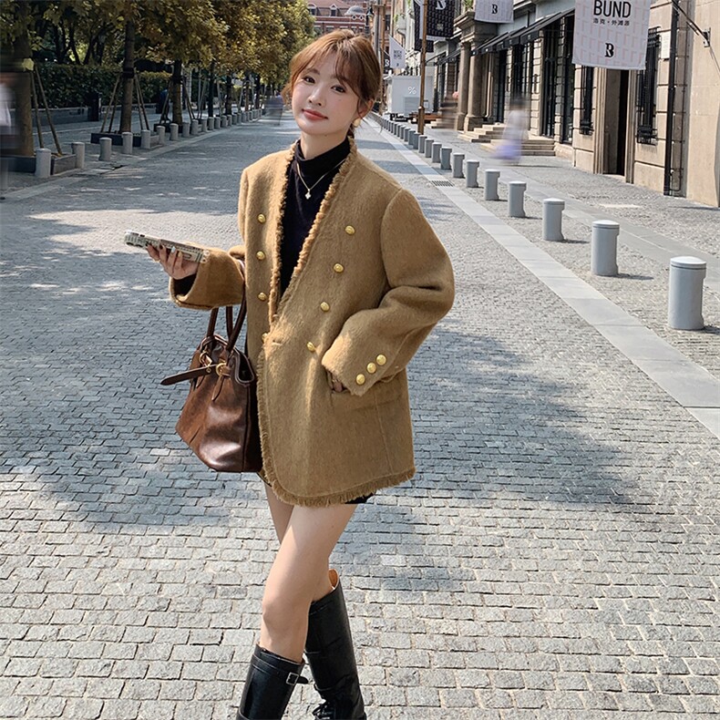 现货主推新款双面长毛羊毛呢流苏双排扣V领羊毛外套,女装双面呢大衣,丝露依尚（原SL）