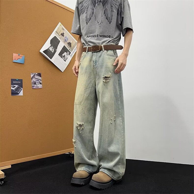 破洞阔腿牛仔裤宽松直筒垂感拖地裤2170P42，男装牛仔裤，星座410-2