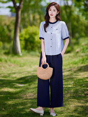 时尚休闲气质衬衫套装女2025夏新款宽松减龄显瘦亚麻阔腿裤两件套，女装套装/套裙，靓衣阁