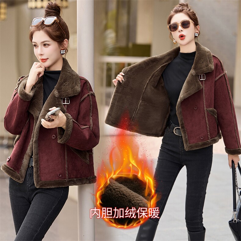 皮毛一体羊羔毛外套女2025冬新款小个子加厚保暖鹿皮绒机车服上衣图片