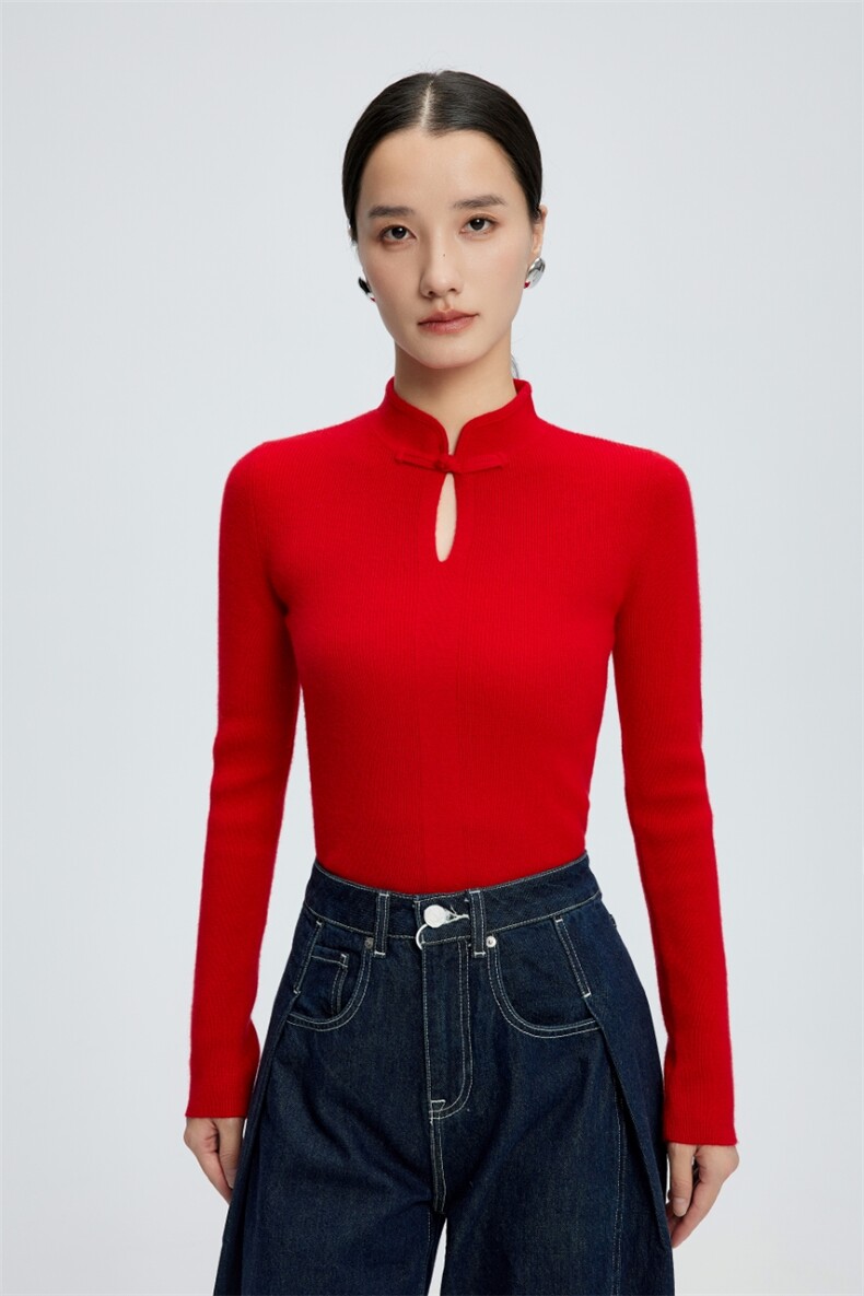 新中式衫水滴领针织衫女秋冬新款半高领修身内搭上衣服,针织衫/毛衣,玛卡隆羊绒
