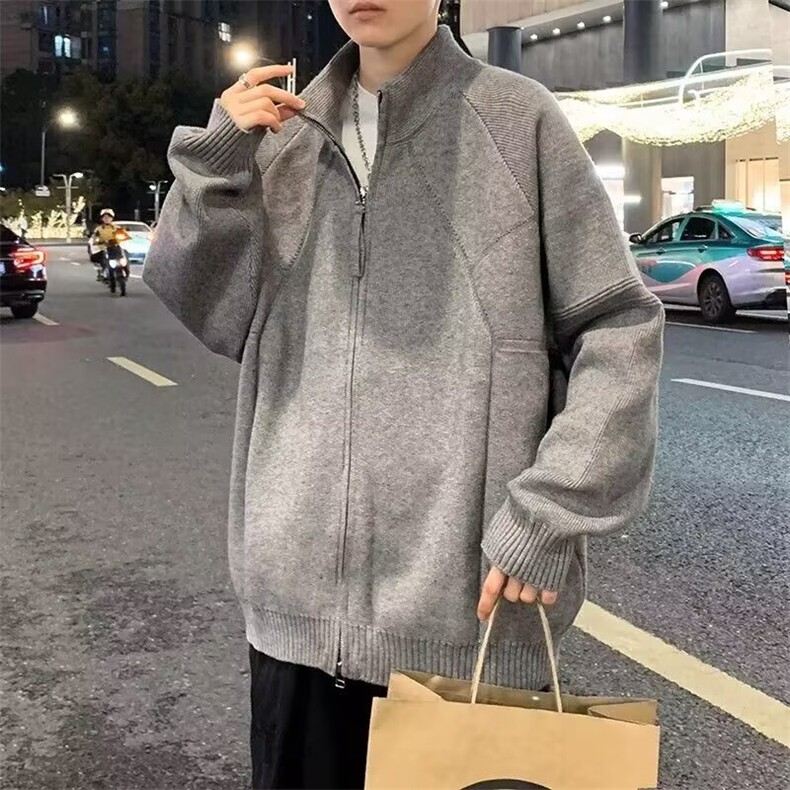 秋冬慵懒风简约百搭纯色重磅拉链休闲宽松毛衣美拉德针织立领开衫图片