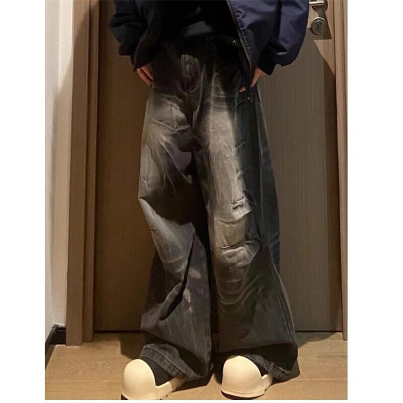 美式复古水洗做旧纹宽松百搭直筒阔腿裤牛仔裤秋冬季垂感图片