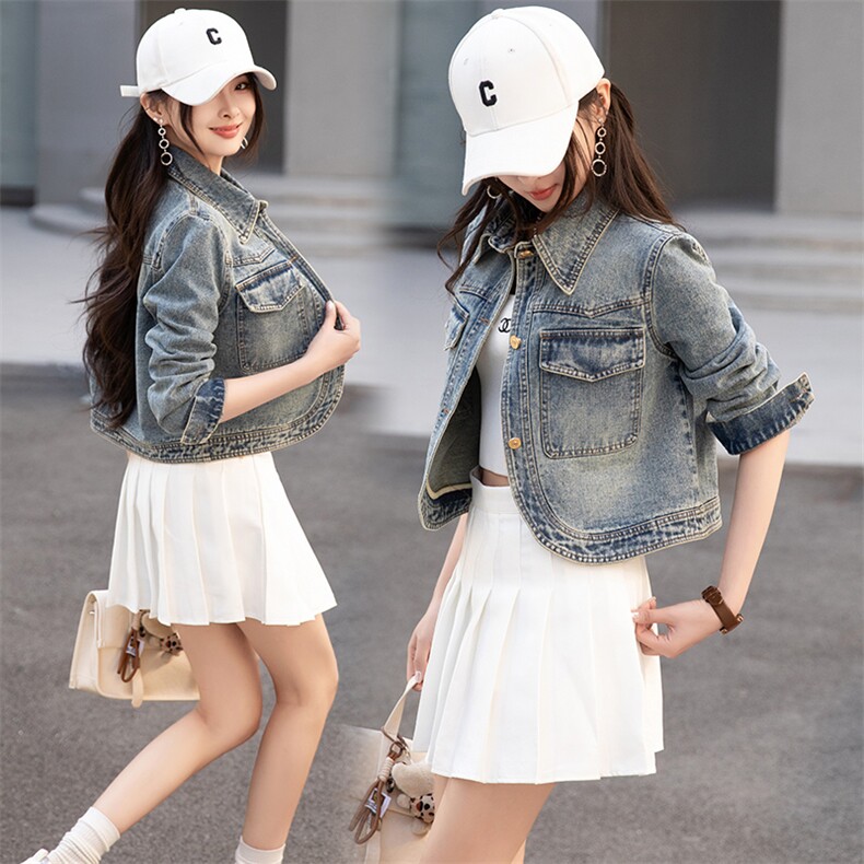 BAO春季新款美式复古短款牛仔外套水洗设计感宽松百搭夹克上衣女,女装牛仔外套,跑量工厂店