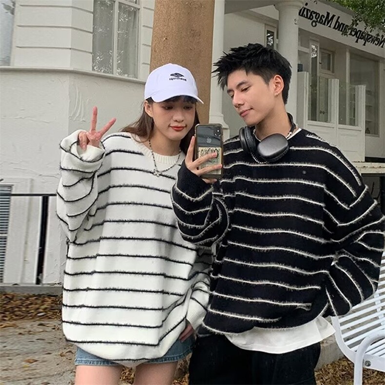 美式复古黑白条纹毛衣男宽松慵懒风秋季海马毛圆领针织衫SWX21，男装针织衫/毛衣，星座516A