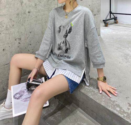 【现货】夏季新款纯棉薄款衬衫拼接七分袖圆领卫衣，女装衬衫，微迪菲