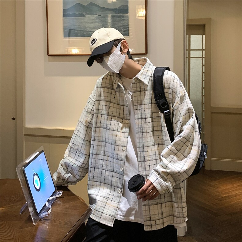 2021加厚港风韩版大码衬衫男潮流格子港风帅气外套衬衣DX131P55,男装衬衫,电商B413-1