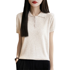 25夏季POLO领精纺羊毛针织短袖女纯色半开T恤上衣宽松半袖打底衫，女装T恤，暖烁特种纱工厂店