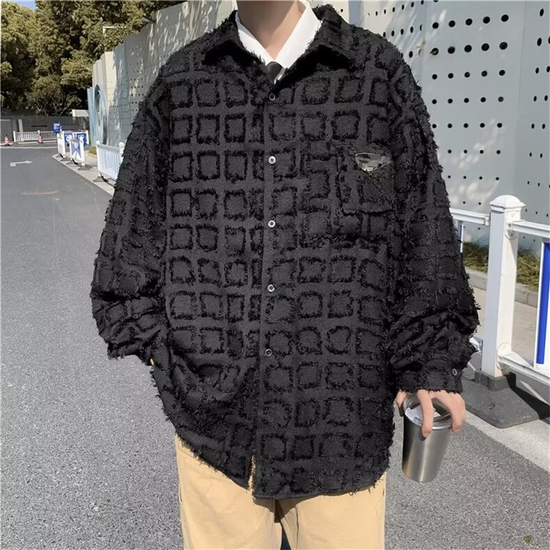 格子长袖衬衫男春秋款高级感潮牌痞帅衬衣外套美式上衣W1373/P50,男装衬衫,星座506
