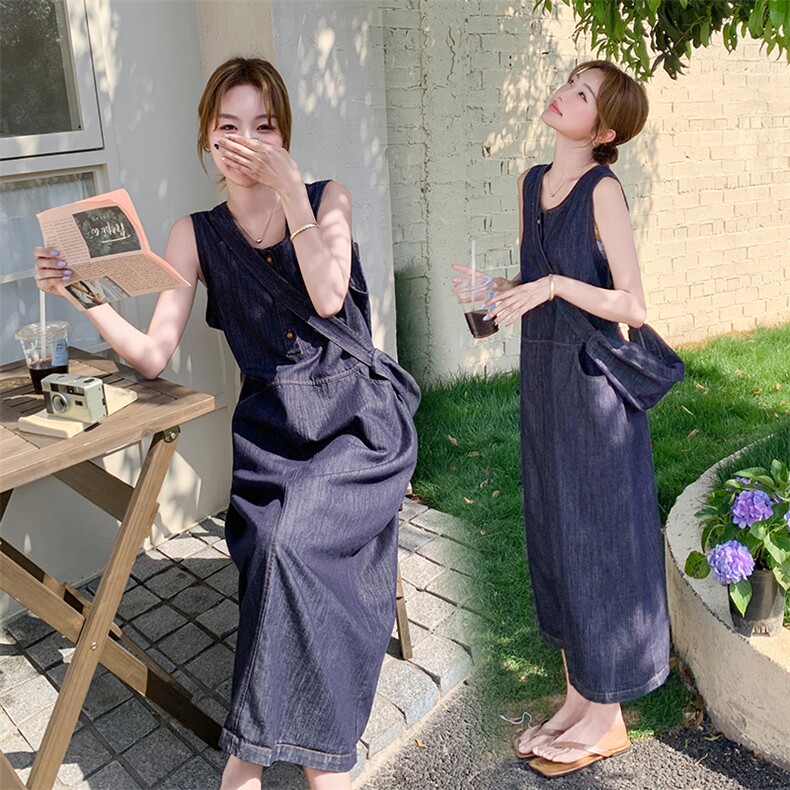牛仔无袖连衣裙女夏季新款复古通勤显瘦A字中长裙,女装连衣裙,纯色衣恋