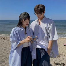 现货条纹短袖衬衫情侣休闲宽松薄外套竖条纹衬衣DC906-P45，男装T恤，星座716A-1（原星座815）