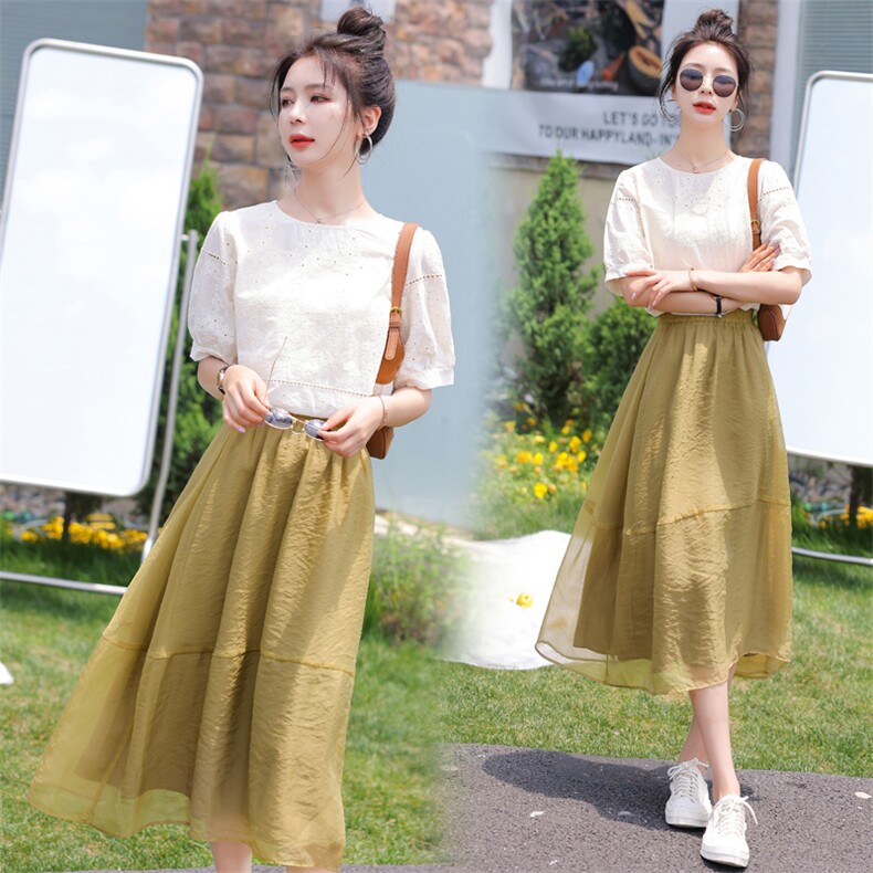 2022夏装新款舒适提花短袖上衣百搭纱裙两件套女士套装套裙，女装套装/套裙，木子恋
