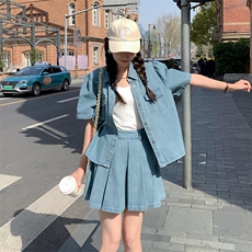 2023年夏季新款韩版休闲百搭牛仔短袖衬衫百褶裙半身裙两件套女，女装套装/套裙，一九零