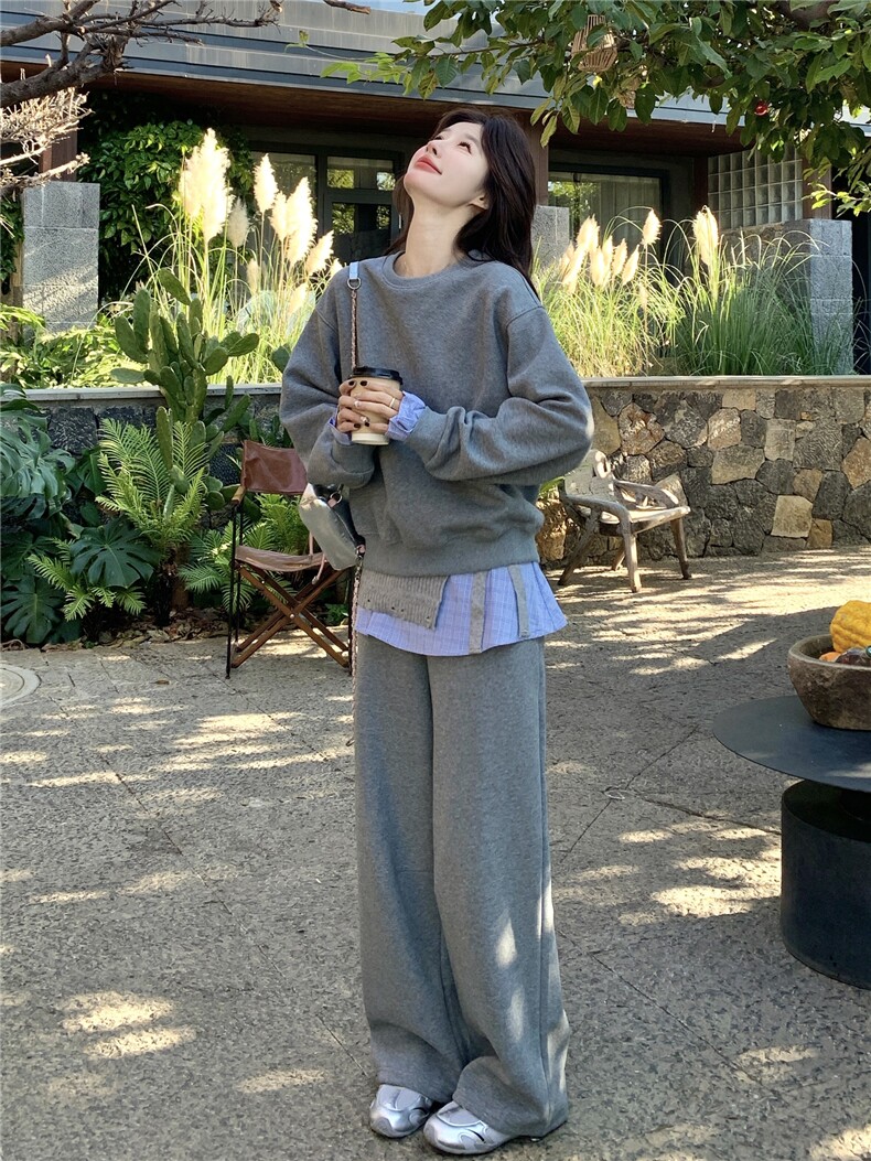 韩系慵懒休闲风格纹拼接卫衣套装女2026春季阔腿裤时尚减龄两件套,女装套装/套裙,艾米莉亚