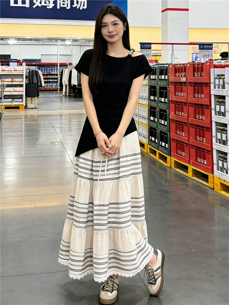 女夏新新款时尚洋气套装设计感一字斜肩短袖上衣杏色半身裙两件套,女装套装/套裙,江南