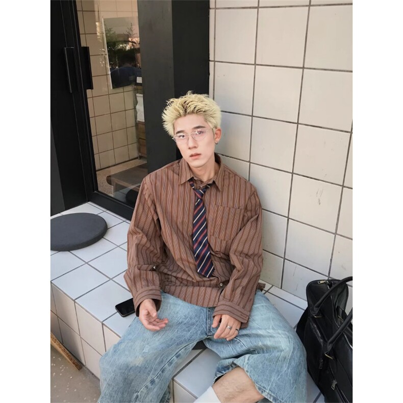 JOYZONE日系覆古竖条纹衬衫男春秋宽松休闲百搭长袖衬衣外套潮流,男装衬衫,星座1210-1