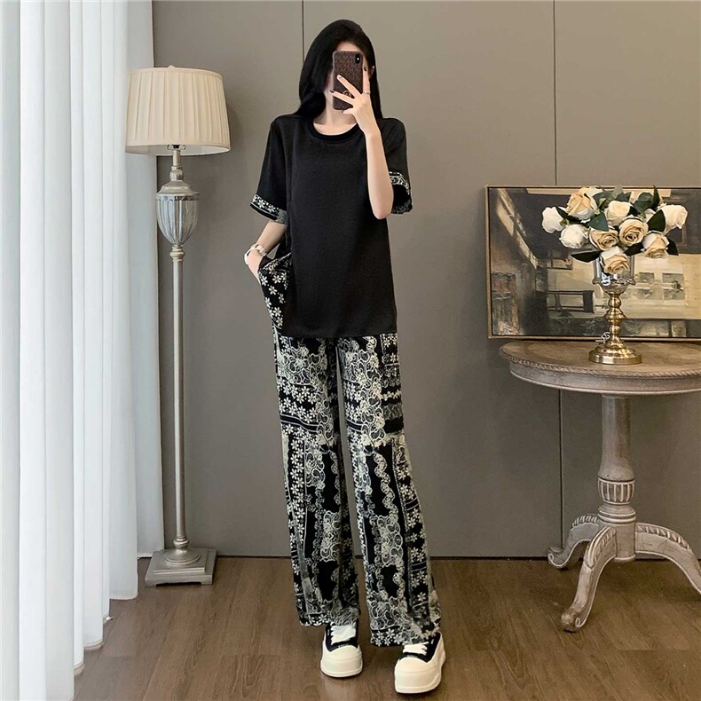 时尚减龄套装女夏季新款宽松显瘦圆领印花侧边拉链短袖长裤两件套,女装套装/套裙,江南