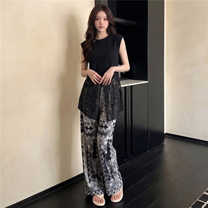慵懒风减龄时尚套装女夏新款遮肚显瘦无袖网纱拼接上衣长裤两件套图片