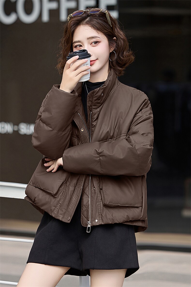 2025冬季新款现货休闲时尚机车服PU洗水皮90绒羽绒服,女装羽绒服,1C078