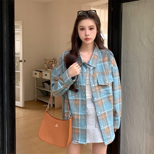 纯棉水洗印花格子衬衫女宽松bf慵懒风衬衣计感春秋款CS004-55图片