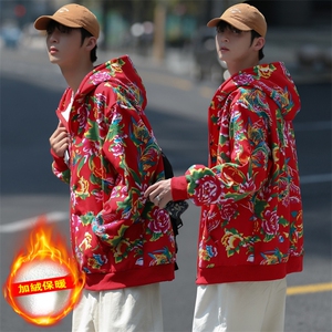 A203冬加绒加厚保暖连帽开衫卫衣东北大花风民族特色大码土潮图片