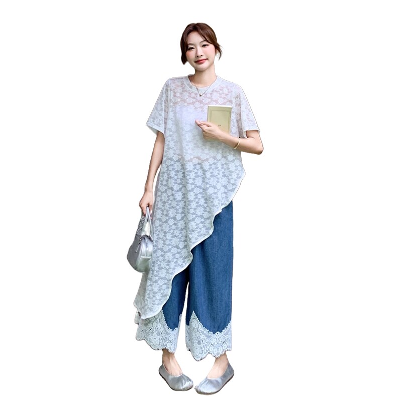 不规则叠穿蕾丝罩衫连衣裙阔腿裤女两件套2025夏季新款宽松套装裙,女装套装/套裙,2B237