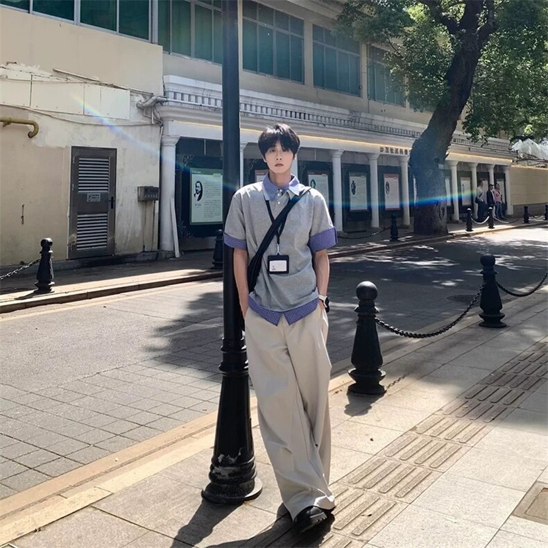 得物抖音高品质二开夏季美式潮牌高街假两件格子衬衣翻领短袖T恤,男装T恤,电商A486