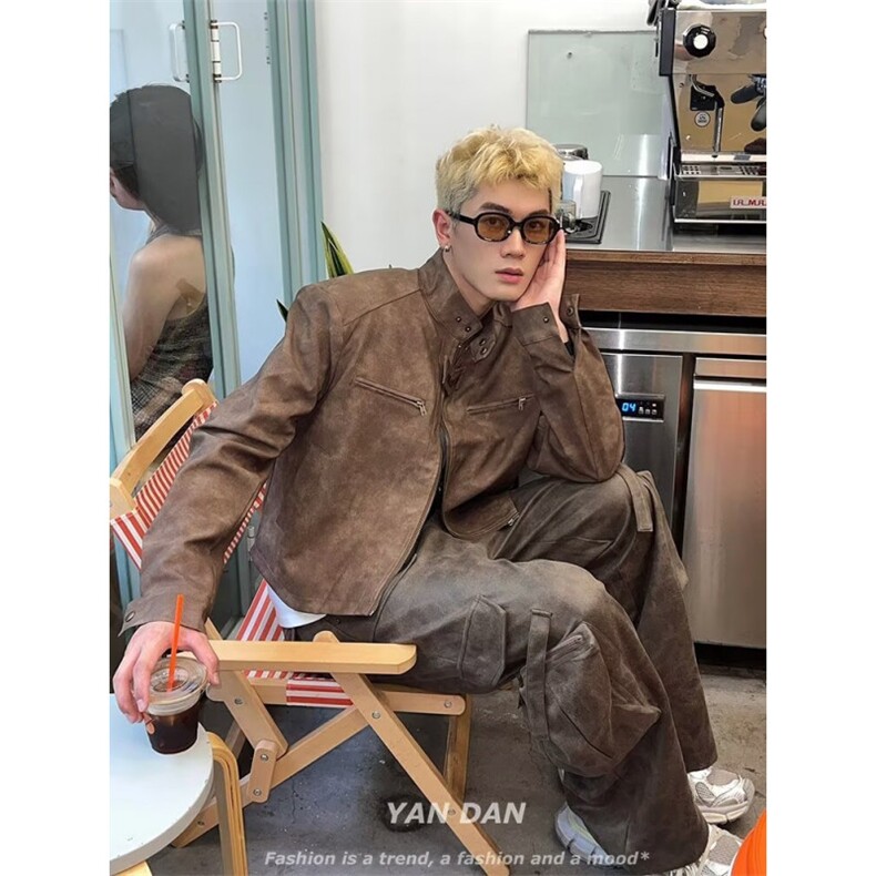 高级感垫肩短款机能外套男秋款美式高街潮牌vibe风机车夹克,男装夹克,四季星座505