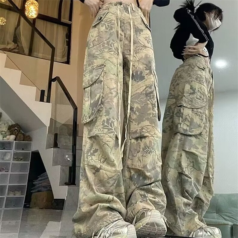 高街迷彩工装可束脚牛仔裤女潮洋气时尚夏季胖mm高腰宽松阔腿裤,男装牛仔裤,星座218-1（原230）