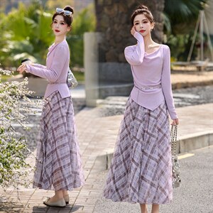 现货现货网纱格子半身裙女收腰2026春装新款超火穿搭一整套裙，女装套装/套裙，伊仟回