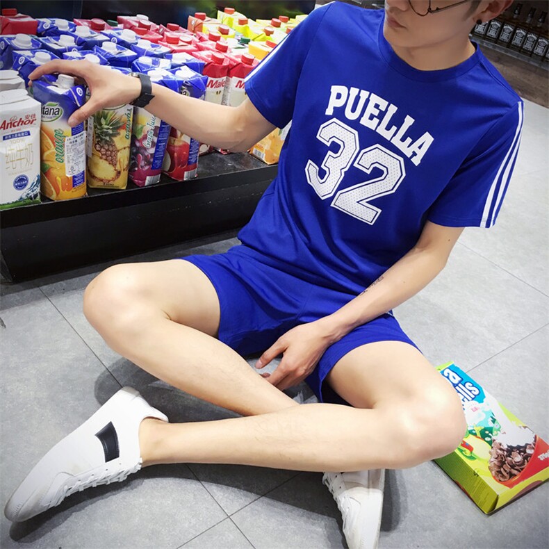 青春流行小清新圆领几何图案套装夏季薄款运动修身型套头青少年，男装套装，星座1506-1