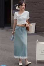 牛仔半身裙女春秋2025新款小个子高腰a字中长款浅色开叉包臀裙子，女装半身裙，美拉德工厂直营店