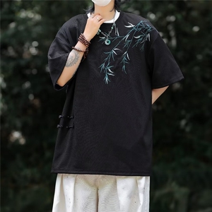 新中式竹子刺绣T恤短袖男夏季圆领风满天星垂感刺绣包边 T5500图片