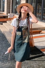 新中式风牛仔背带裙吊带连衣裙女宽松短T恤两件套夏新款小个子，女装连衣裙，红龙果