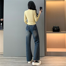 女春穿搭时尚气质套装圆领不规则褶皱设计长袖上衣阔腿长裤两件套，女装套装/套裙，2C310