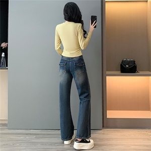 女春穿搭时尚气质套装圆领不规则褶皱设计长袖上衣阔腿长裤两件套图片