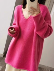 女士秋冬纯毛宽松大V领羊毛衫纯色简约，女装羊毛衫，洁纯羊绒