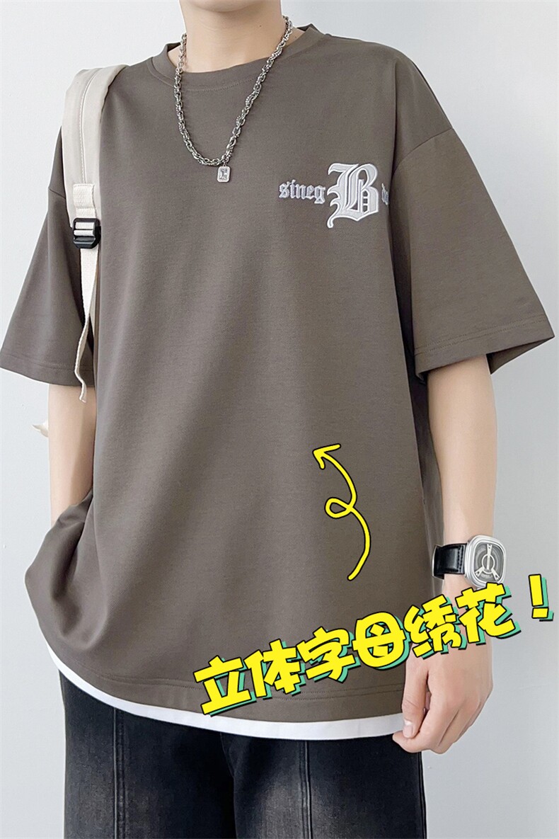 冰氧仿棉短袖港风白墙夏季休闲百搭刺绣纯色男上衣TC3149-P22控48,男装T恤,星座717