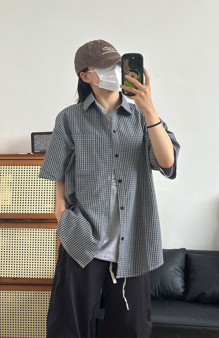 格子衬衫春夏美式短袖衬衫港风情侣装休闲衬衣CS286-P30,男装T恤,星座301C-5