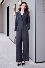气质条纹印花西服套装女2024秋季新款休闲通勤短外套阔腿裤两件套，女装套装/套裙，时尚俏佳人