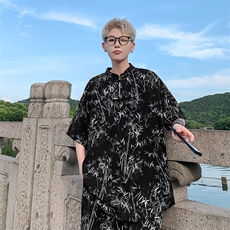 量大优供视频新风竹叶印花冰丝短袖短裤套装男TZ2403-特P50，男装休闲套装，电商A028