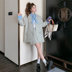 韩系休闲撞色西装套装女2025年春秋季新款高级感减龄半身裙两件套图片
