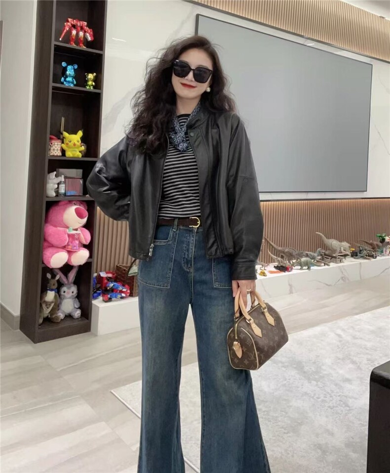 春秋翻领修身常规纯色气质减龄短款皮外套，女装短外套，禾雯电商供货