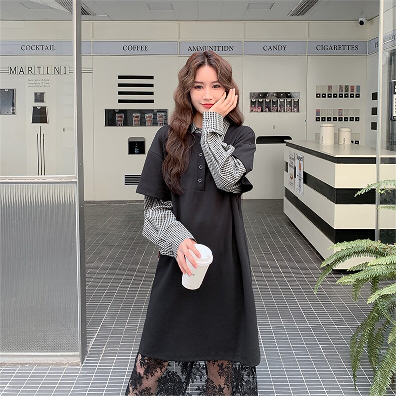 学院风穿搭黑色套装女秋超火好看高级假两件衬衫上衣半身裙两件套,女装套装/套裙,2C010