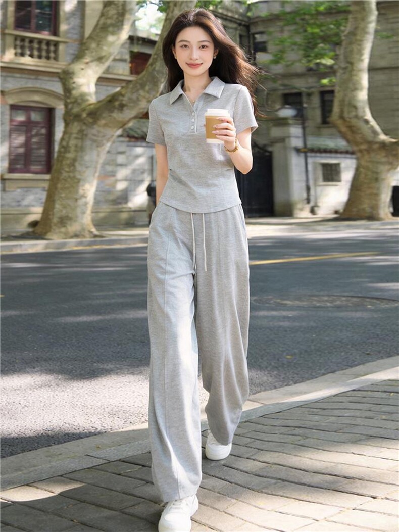女夏季新款时尚休闲套装修身显瘦翻领纽扣短袖上衣阔腿长裤两件套,女装套装/套裙,江南