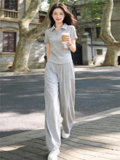 女夏季新款时尚休闲套装修身显瘦翻领纽扣短袖上衣阔腿长裤两件套，女装套装/套裙，江南